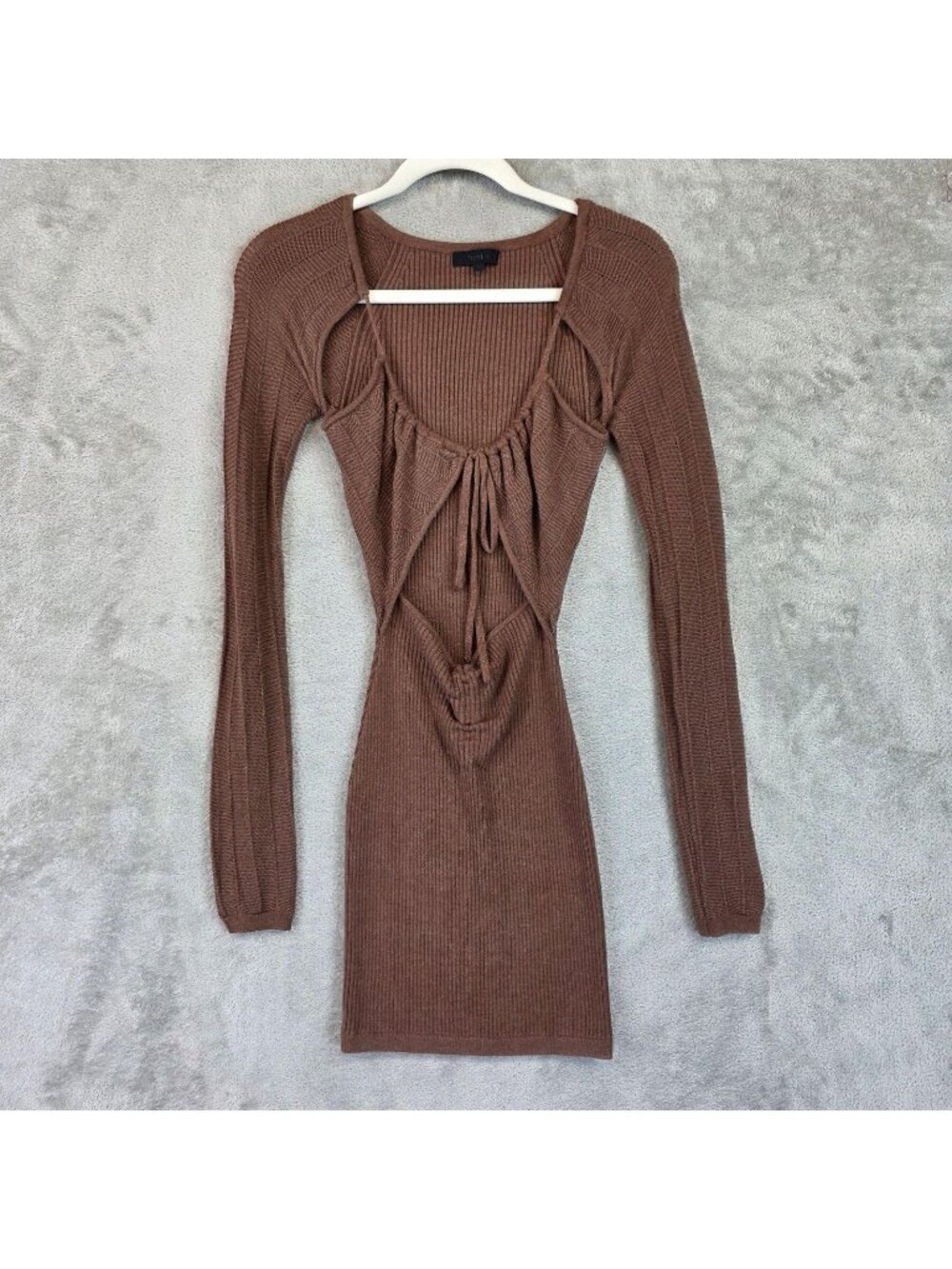 H:ours Sweater Dress Womens S Brown Cutout Scoop Neck Bodycon Long Sleeve Mini